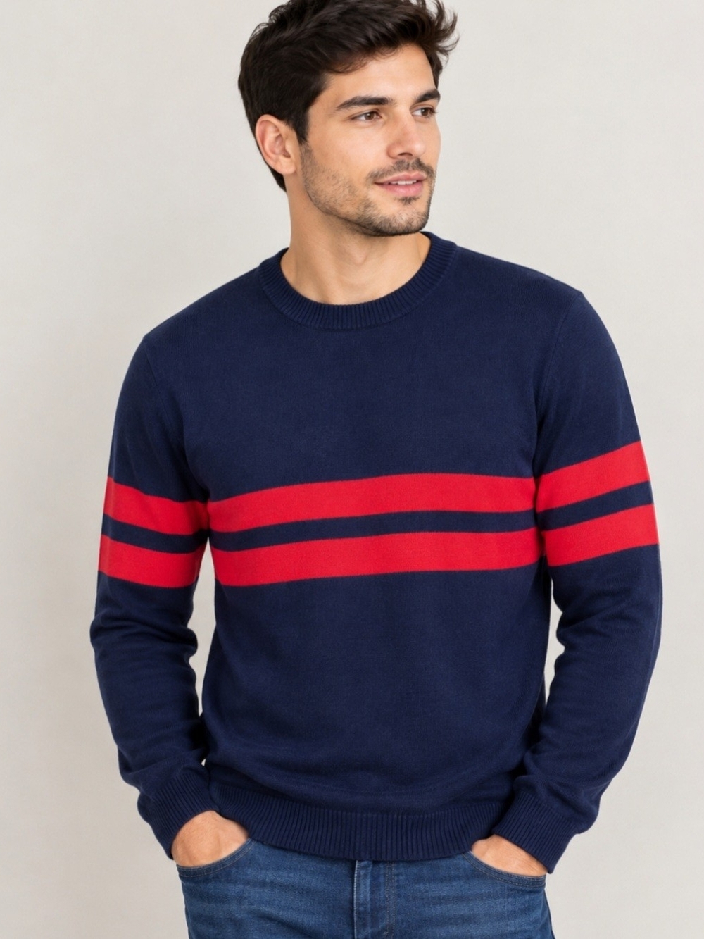 Zara Navy Crewneck Sweater with Red Stripes